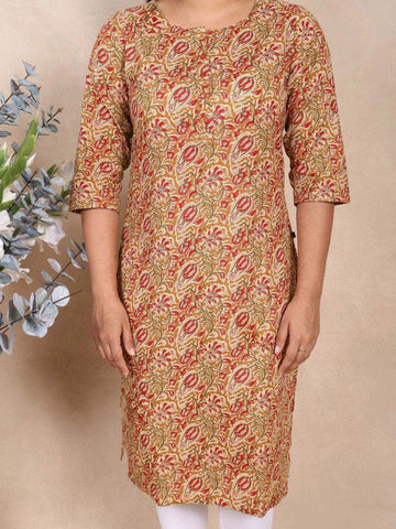 Brown Cotton Kurti Top Adorned with Floral Prints - Diadem