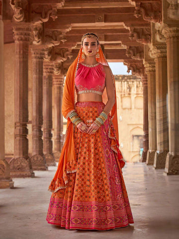Orange Silk Banarasi Lehenga Adorned with Prints and Embroidery Paired with Dupatta - Diadem