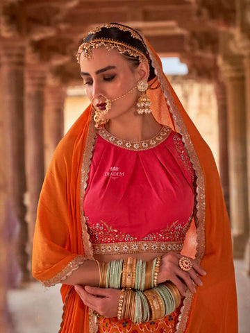 Orange Silk Banarasi Lehenga Adorned with Prints and Embroidery Paired with Dupatta - Diadem
