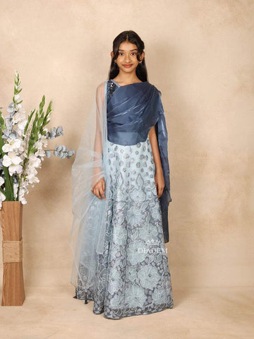 Light Blue Net Lehenga Embellished with Floral Embroidery paired with Net Dupatta - Diadem