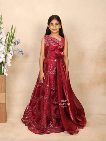 Maroon Satin and Net Gown Adorned with Sequins and Beads - Diadem
