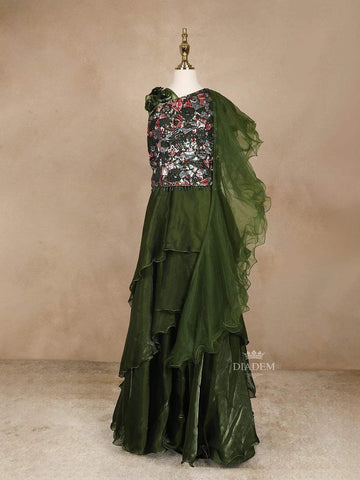 Olive Green Net Lehenga Embellished with Sequins and 3D Flowers, Paired with Dupatta - Diadem