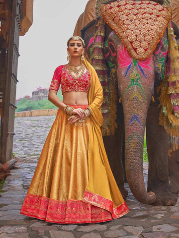 Olive Green Silk Lehenga Adorned with Prints and Embroidery, Paired with Dupatta - Diadem