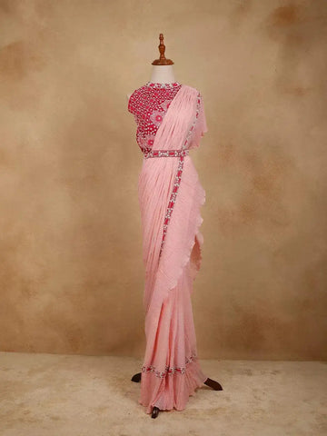 Light Pink Crushed Georgette Saree with Plain Body Paired with Designer Blouse and Waist Belt - Diadem