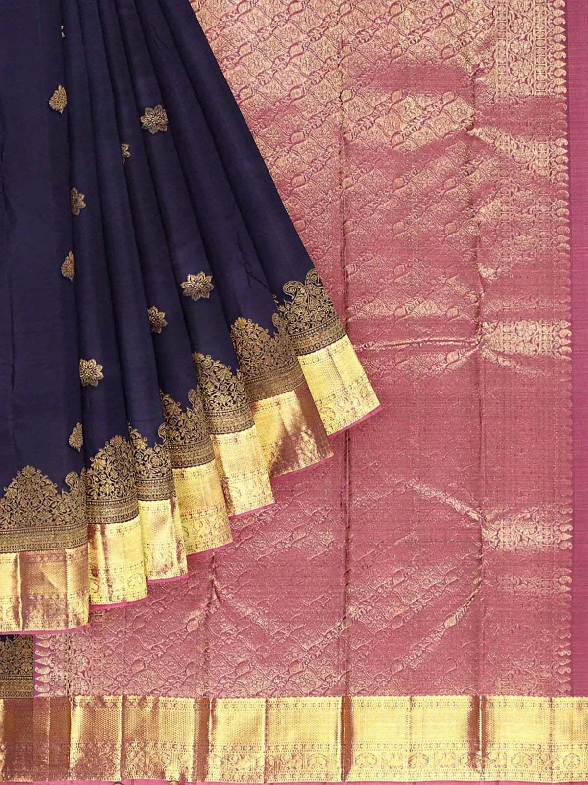 Navy Blue Pure Kanchipuram Bridal Silk Saree with Floral Motif on the Body and Zari Border - Diadem