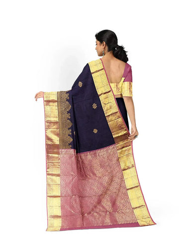 Navy Blue Pure Kanchipuram Bridal Silk Saree with Floral Motif on the Body and Zari Border - Diadem