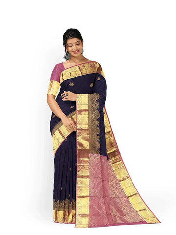Navy Blue Pure Kanchipuram Bridal Silk Saree with Floral Motif on the Body and Zari Border - Diadem