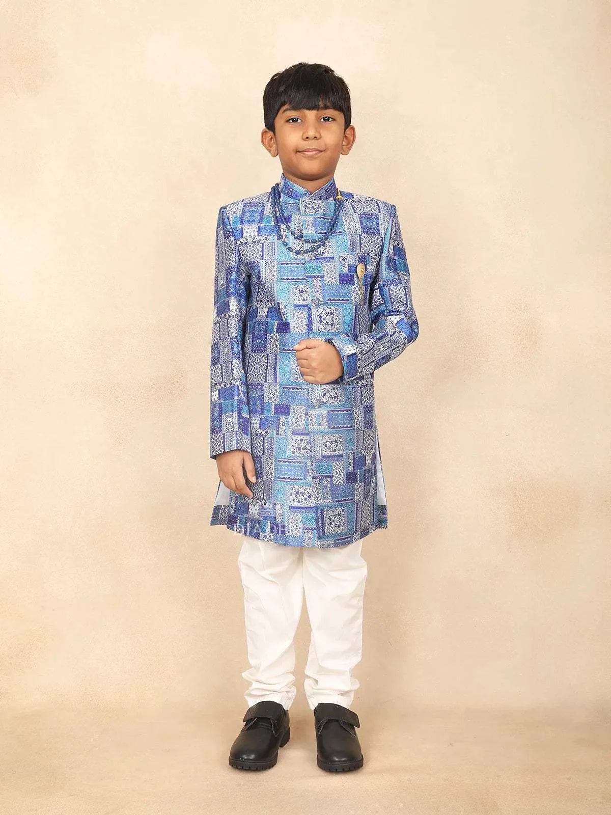 Blue Kids Semi Silk Sherwani Adorned with Floral Jacquard Design Paired with Pear Mala and Brooch - Diadem