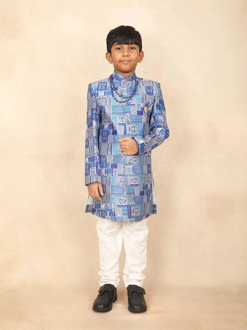 Blue Kids Semi Silk Sherwani Adorned with Floral Jacquard Design Paired with Pear Mala and Brooch - Diadem
