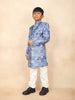 Blue Kids Semi Silk Sherwani Adorned with Floral Jacquard Design Paired with Pear Mala and Brooch - Diadem