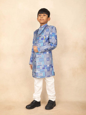 Blue Kids Semi Silk Sherwani Adorned with Floral Jacquard Design Paired with Pear Mala and Brooch - Diadem