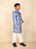 Blue Kids Semi Silk Sherwani Adorned with Floral Jacquard Design Paired with Pear Mala and Brooch - Diadem