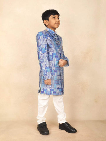 Blue Kids Semi Silk Sherwani Adorned with Floral Jacquard Design Paired with Pear Mala and Brooch - Diadem