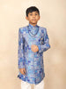 Blue Kids Semi Silk Sherwani Adorned with Floral Jacquard Design Paired with Pear Mala and Brooch - Diadem
