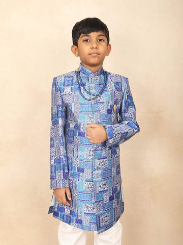 Blue Kids Semi Silk Sherwani Adorned with Floral Jacquard Design Paired with Pear Mala and Brooch - Diadem