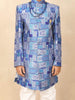 Blue Kids Semi Silk Sherwani Adorned with Floral Jacquard Design Paired with Pear Mala and Brooch - Diadem
