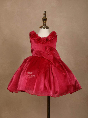 Red Pink Satin Frock with 3D Flowers and Attached Bow - Diadem