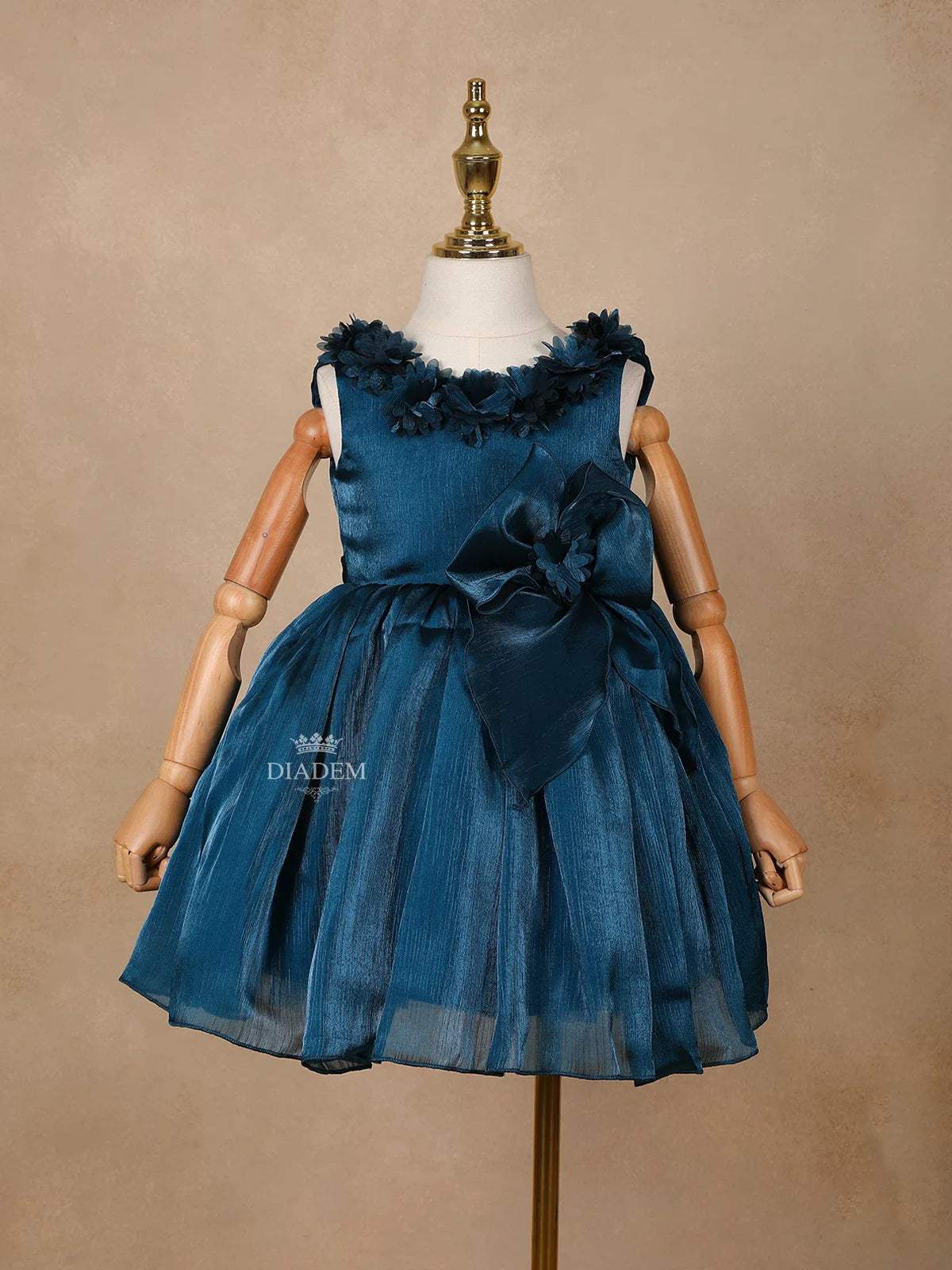 Peacock Blue Net Ball Gown Adorned with 3D Flowers - Diadem