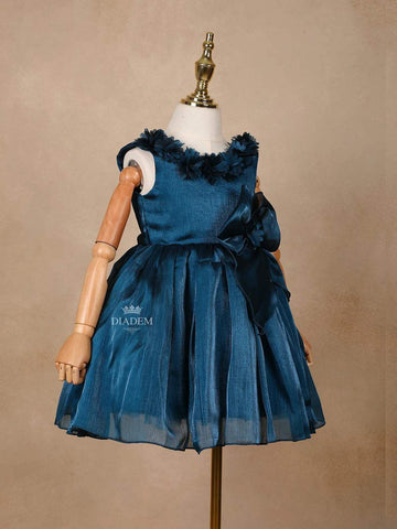 Peacock Blue Net Ball Gown Adorned with 3D Flowers - Diadem