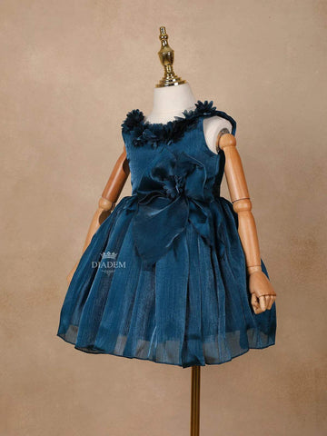 Peacock Blue Net Ball Gown Adorned with 3D Flowers - Diadem