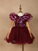 Wine Net Ball Gown Embellished with Floral Sequins and Ruffle Sleeves - Diadem