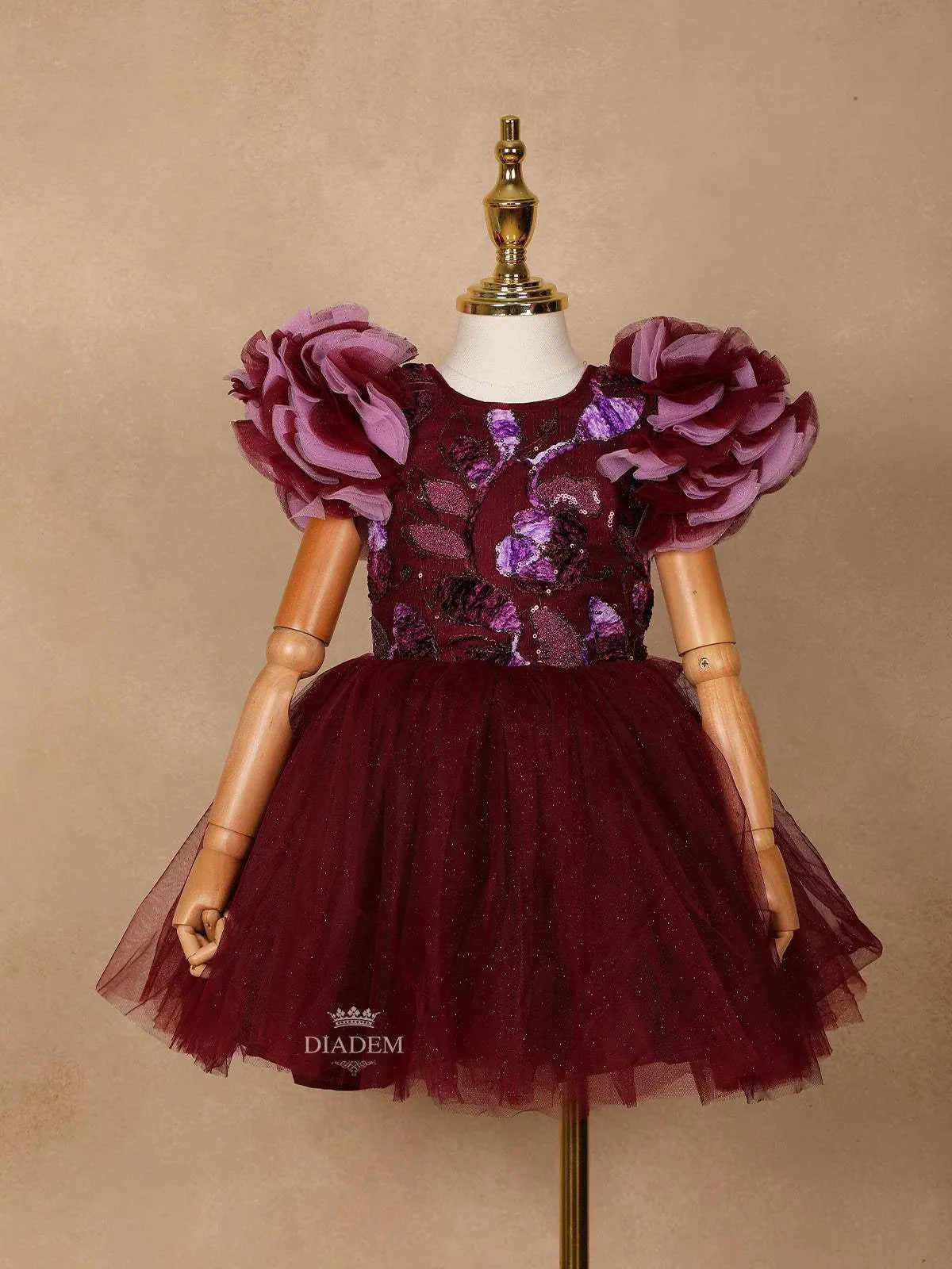 Wine Net Ball Gown Embellished with Floral Sequins and Ruffle Sleeves - Diadem