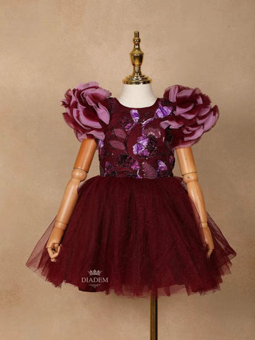 Wine Net Ball Gown Embellished with Floral Sequins and Ruffle Sleeves - Diadem