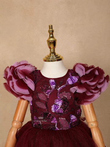 Wine Net Ball Gown Embellished with Floral Sequins and Ruffle Sleeves - Diadem