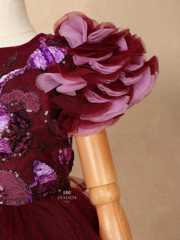 Wine Net Ball Gown Embellished with Floral Sequins and Ruffle Sleeves - Diadem