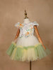Light Green Satin with Net Frilled Gown Adorned with Floral Prints and Attached Bow - Diadem
