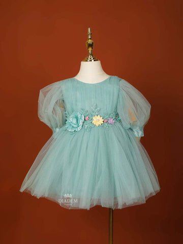 Cyan Blue Net Frock Embellished with Glitters and 3D Flowers - Diadem