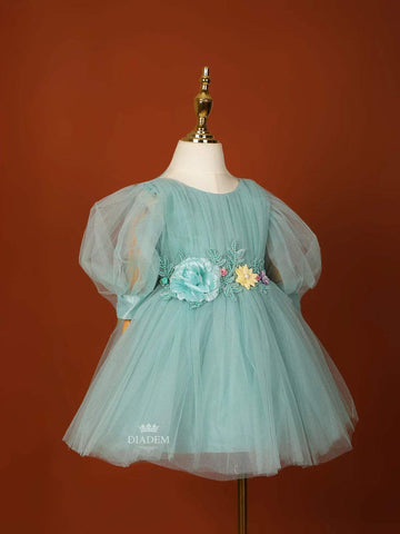 Cyan Blue Net Frock Embellished with Glitters and 3D Flowers - Diadem