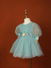 Cyan Blue Net Frock Embellished with Glitters and 3D Flowers - Diadem