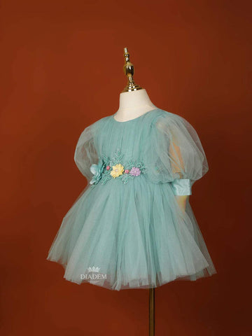 Cyan Blue Net Frock Embellished with Glitters and 3D Flowers - Diadem