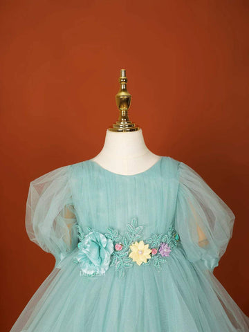 Cyan Blue Net Frock Embellished with Glitters and 3D Flowers - Diadem