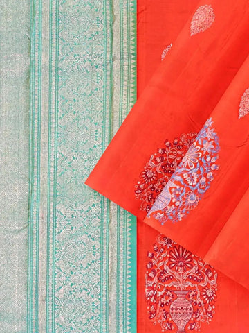 Red Pure Kanchipuram Bridal Silk Saree with Floral Motif on the body Without Border - Diadem