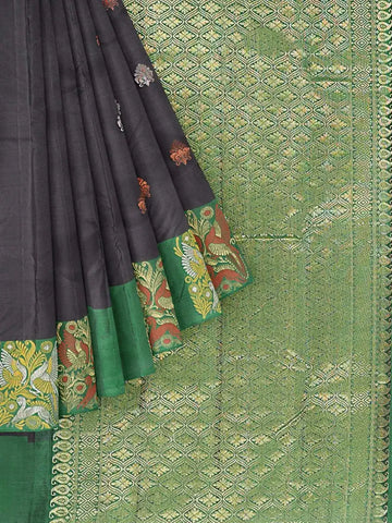 Black Pure Kanchipuram Silk Saree with Floral Motif on the body and Contrast Zari Border - Diadem
