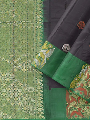 Black Pure Kanchipuram Silk Saree with Floral Motif on the body and Contrast Zari Border - Diadem