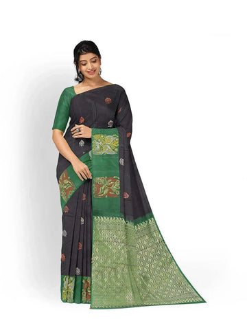 Black Pure Kanchipuram Silk Saree with Floral Motif on the body and Contrast Zari Border - Diadem