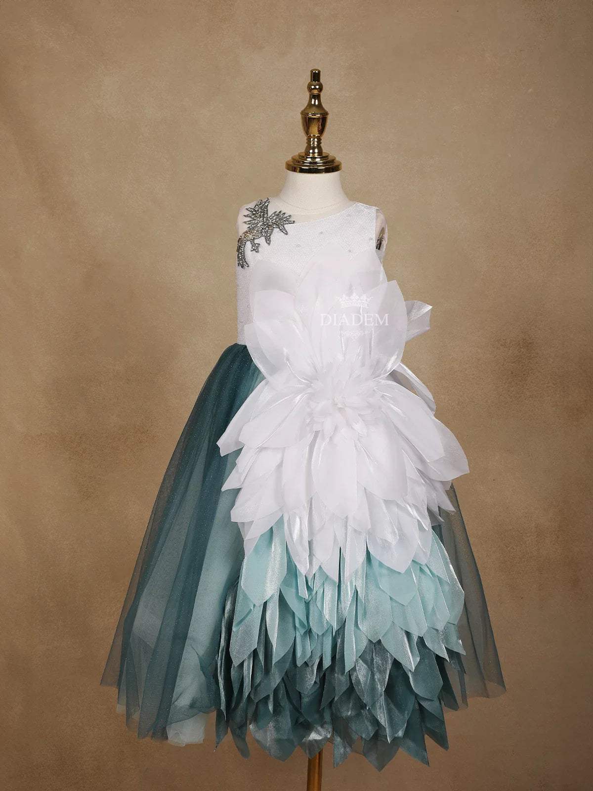 White and Teal Satin Gown Embellished with Embroidery and 3D Flowers - Diadem