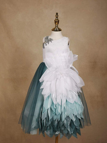 White and Teal Satin Gown Embellished with Embroidery and 3D Flowers - Diadem