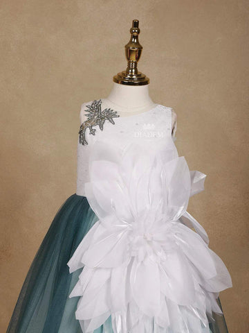 White and Teal Satin Gown Embellished with Embroidery and 3D Flowers - Diadem