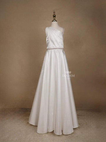 White Satin Asymmetric Gown Embellished with Stonework - Diadem