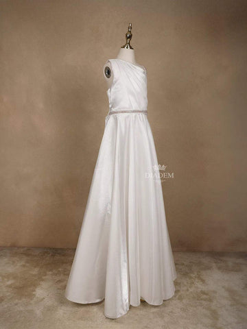 White Satin Asymmetric Gown Embellished with Stonework - Diadem
