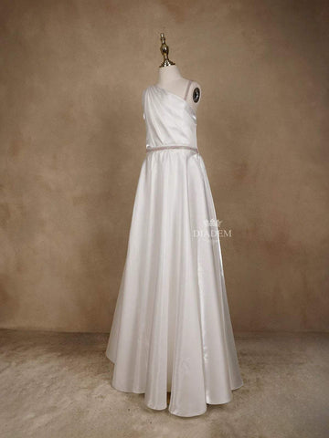 White Satin Asymmetric Gown Embellished with Stonework - Diadem