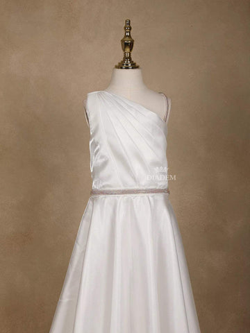 White Satin Asymmetric Gown Embellished with Stonework - Diadem