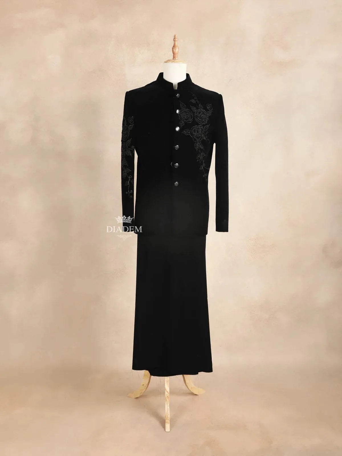 Black Coat Suit Embellished with Embroided Floral Design with Unstitched Pant Material - Diadem