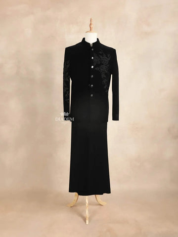 Black Coat Suit Embellished with Embroided Floral Design with Unstitched Pant Material - Diadem