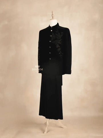 Black Coat Suit Embellished with Embroided Floral Design with Unstitched Pant Material - Diadem