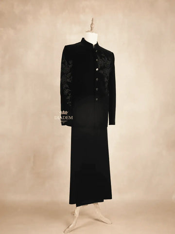 Black Coat Suit Embellished with Embroided Floral Design with Unstitched Pant Material - Diadem